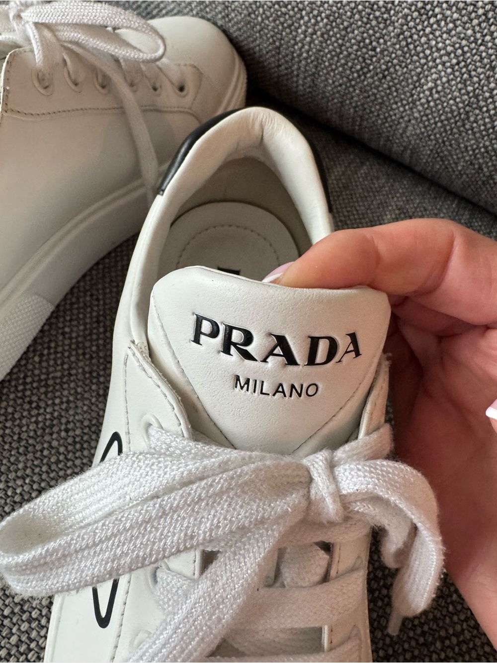 Prada White Leather Lace-Up Women's Sneakers with Black Logo